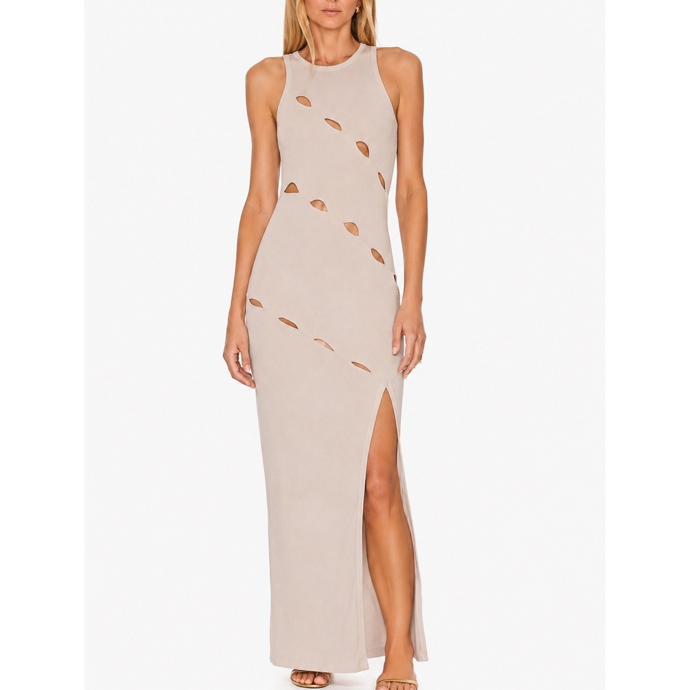 NWT NBD Rib Knit Diagonal Ladder Cutout Maxi Dress Beige Sleeveless High Slit S